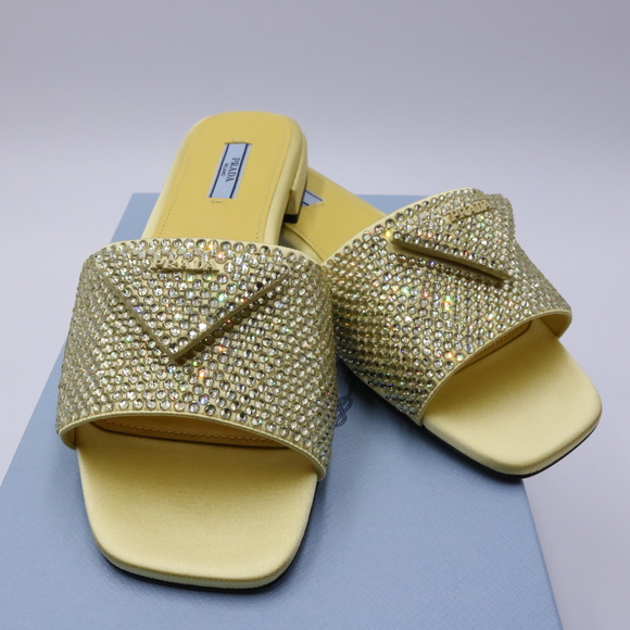 Prada 39 Yellow Crystal Strassed Ciabatte Logo Calzature Donna Flat Slides E716 - Picture 1 of 13
